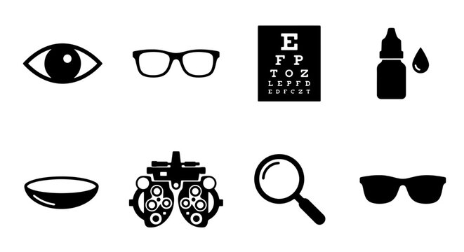 Optometry Icons Set: Eye Care, Vision Test Chart, Eyeglasses, Magnifying Glass, Contact Lens