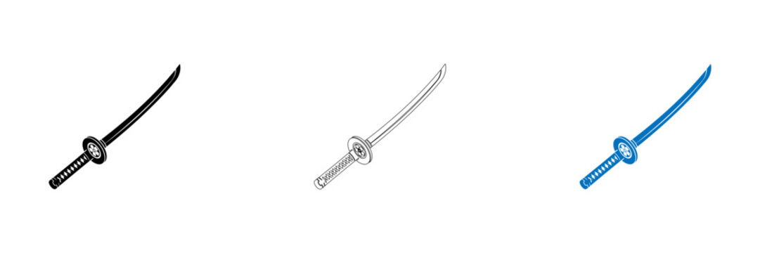 Three stylized sword and arrow icons with metallic handles isolated on transparent background, Vector