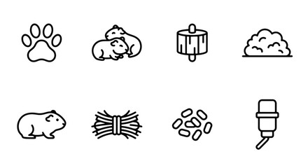 Fototapeta premium Guinea Pig Icons Set, Cute Rodent Pet Care Vector Graphics, Small Animal Supplies Collection