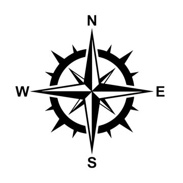 Black compass rose windrose with cardinal direction letters for navigation and nautical adventure design