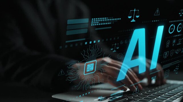 AI circuit microchip with glowing blue lines, surrounded by legal scales, warning symbols, data sheets, and binary codes, representing ethical AI, AI governance, and data integrity Marrow