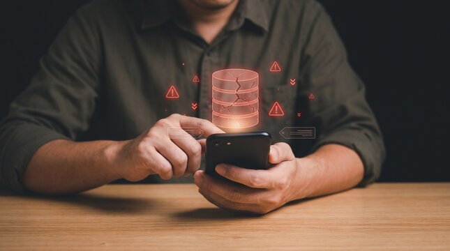 Person using mobile phone to manage database security and access control systems with database security protection management notification encryption authentication verification information