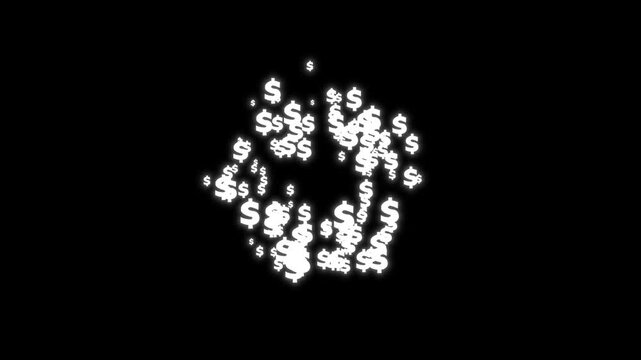 Glowing white dollar sign particles animation on black screen background, 4k financial success transition effect, white dollar sign spinning in 3D, rotating USD symbol animation.