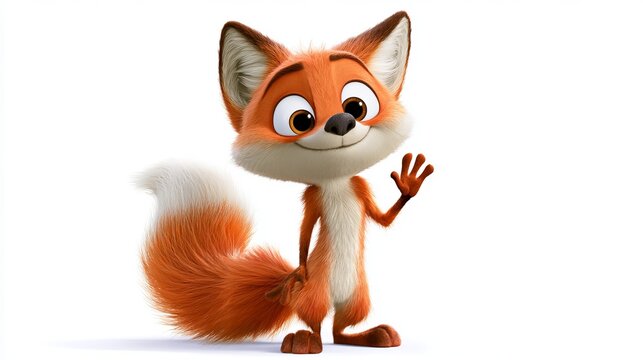 Cartoon fox character waving, friendly and cheerful, 3D rendering, digital art, commercial stock image