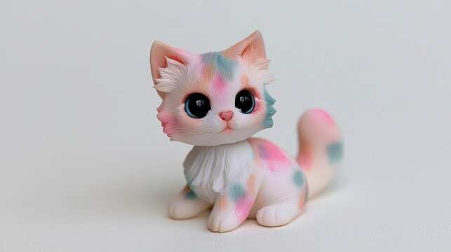 Pastel-colored ceramic cat figurine sits poised, displaying a whimsical, playful charm against a clean white backdrop