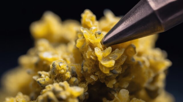 Macro view of cannabis resin being touched by metal tool