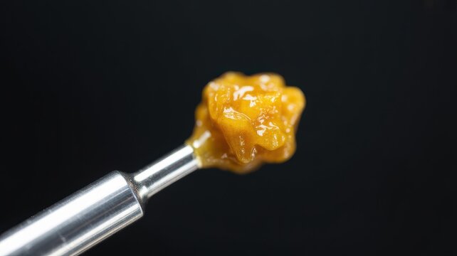 Macro of Amber Cannabis Live Resin Concentrate on Metal Dabbing Tool