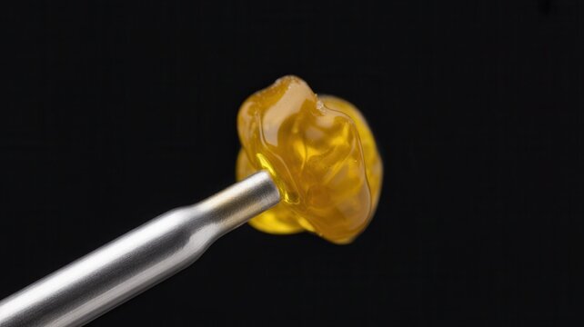 Golden Cannabis Oil Extract on Dabbing Tool Over Dark Background
