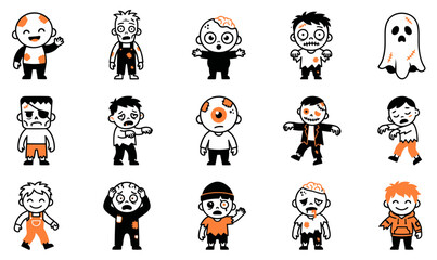 Fototapeta premium A collection of cute cartoon characters featuring zombies and ghosts for a fun and spooky halloween party design set