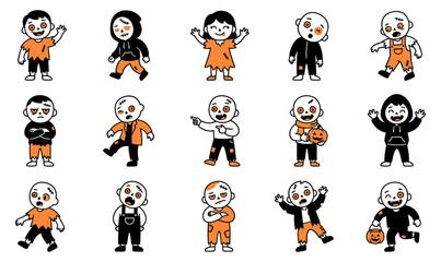 A collection of cute cartoon children wearing funny zombie costumes for a festive halloween party celebration in flat vector style