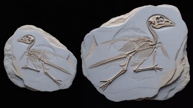 Fossilized bird skeletons in stone