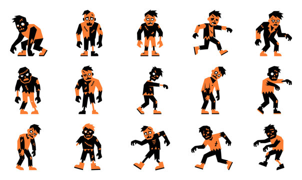 A collection of various flat vector zombie characters in different poses for a fun and spooky halloween party design project