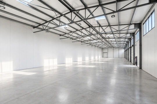 Modern industrial warehouse interior with high ceiling metal truss structure