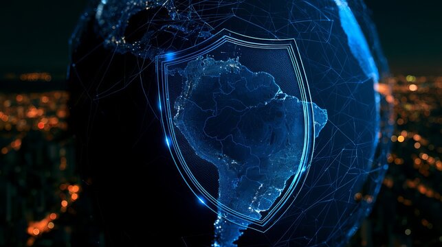 Global cybersecurity concept: Earth protected by a digital shield, representing data safety and network security