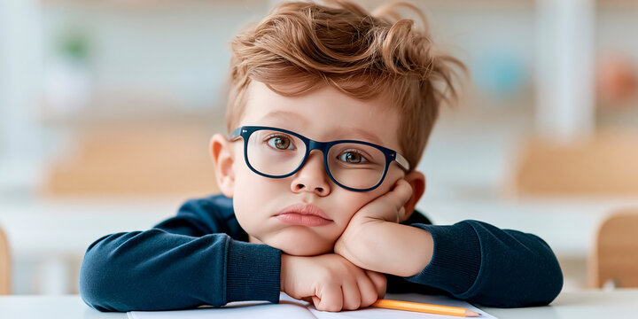 A little schoolboy sitting at a desk at school in the classroom, bored