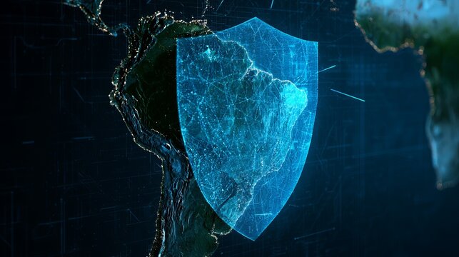 Global digital shield overlaying a world map, representing cybersecurity and data protection concepts