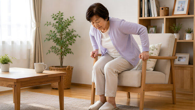 肘掛けを使って椅子から立ち上がる70代の日本人女性
