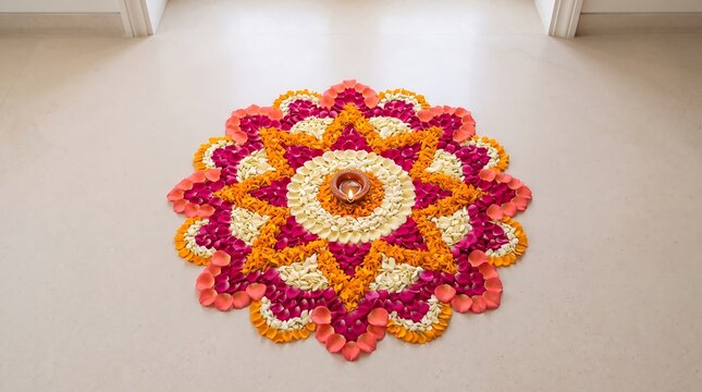 Vibrant flower rangoli design with diya for Diwali celebration