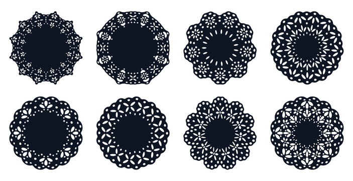 Round crochet lace doilies. Lace doily with intricate floral patterns flat vector illustration set. Decorative circular ornaments collection