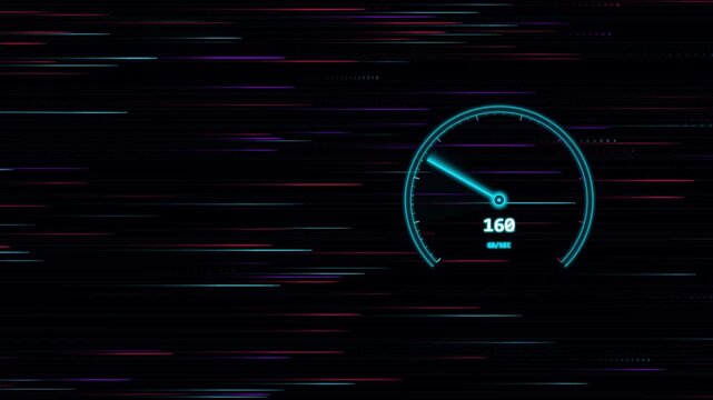 Digital speedometer showing fast speed against motion blurred background lines.