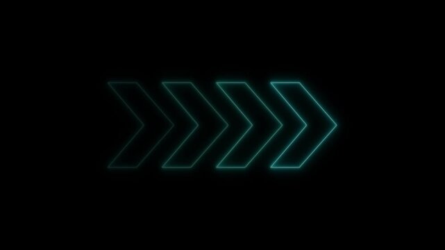 Glowing neon double arrow pointer sign animation on solid black background for digital interface navigation and motion. animation