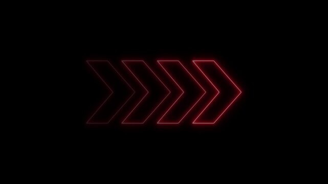Glowing neon double arrow pointer sign animation on solid black background for digital interface navigation and motion. animation