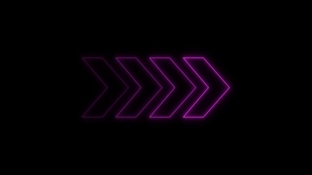 Glowing neon double arrow pointer sign animation on solid black background for digital interface navigation and motion. animation