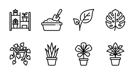 Fototapeta premium Houseplant Icons, Potted Plants, Gardening Tools, Botanical Line Art Set