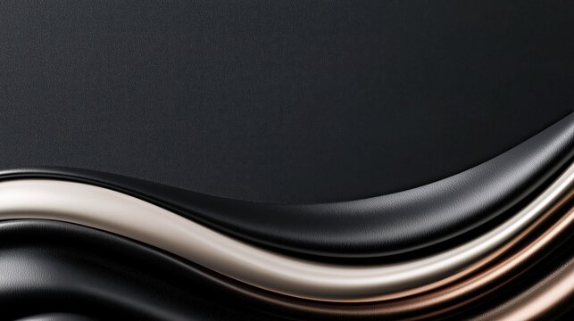 Luxury black metallic wave background with silver and rose gold curves, smooth satin texture for branding, packaging, and banner design.

