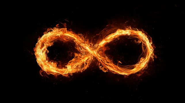 Fiery infinity symbol formed from vibrant orange flames against a dark, isolated background