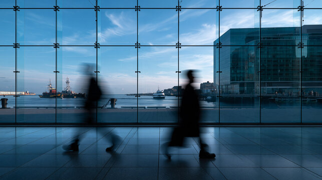 Silhouettes of People Walking in Modern Glass Terminal Building