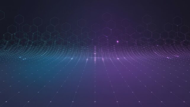 Hexagonal grid background featuring glowing lines and abstract digital structures in a vibrant blue and purple gradient color scheme design