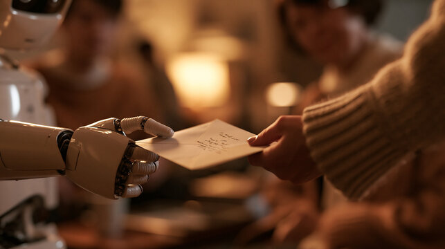 Humanoid Robot Handing Letter to Human at Home
