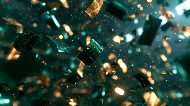 Green and Gold Metallic Confetti Falling on Dark Background