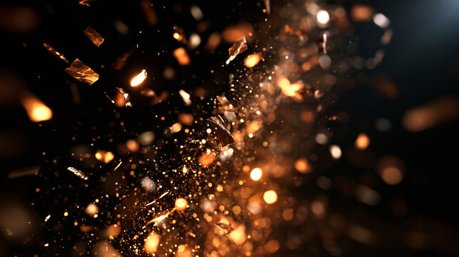 Golden Confetti and Glitter Particles Exploding on Dark Background
