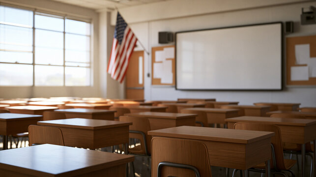 Empty Classroom Interior with Wooden Desks and American Flag