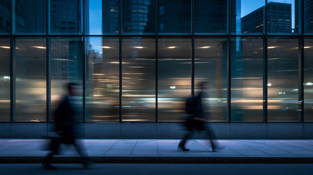 Blurred Business People Walking Past Corporate Building at Night
