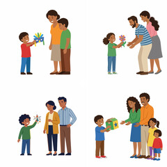 Fototapeta premium Diverse family scenes with children showing handmade crafts and school projects to parents, flat vector illustration set.