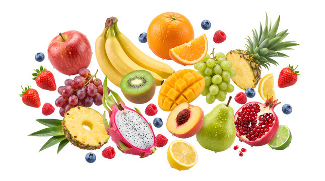 Assortment of fresh and colorful fruits scattered across a clean white background.
