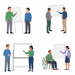 Obraz premium Flat vector collection of business people presenting and discussing ideas on whiteboards in an office setting.