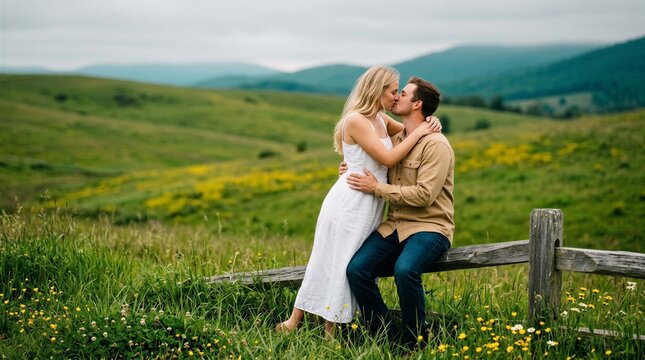 Romantic Couple Embracing In A Lush Green Field Displaying Love And Connection