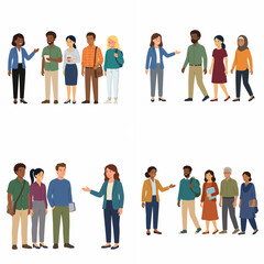 Obraz premium Flat vector illustration of diverse multicultural groups of people interacting in professional and casual settings for business and community concepts.