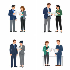 Fototapeta premium Flat vector illustration set of business colleagues discussing documents and reports.