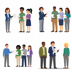 Obraz premium Diverse business professionals sharing documents and communicating in corporate office settings flat vector illustration set