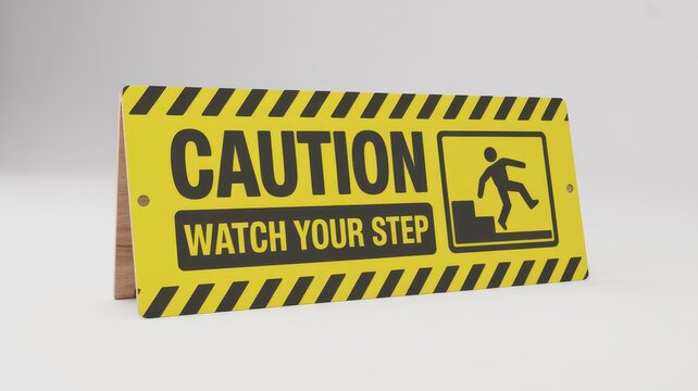 Caution sign watch your step yellow rectangular placard standing on a white background with black striped borders and icons