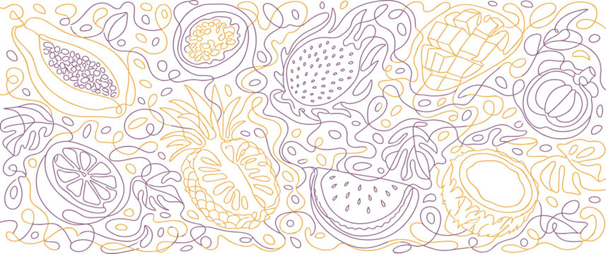 Tropical fruit line art concept, exotic fruit sketch pattern with papaya and pineapple, minimal fruit outline illustration, organic food art, summer fruit aesthetic