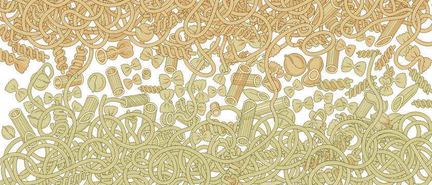 Assorted pasta shapes concept, various mediterranean macaroni and fusilli illustration, dry pasta variety background, cooking ingredients for italian cuisine, food pattern