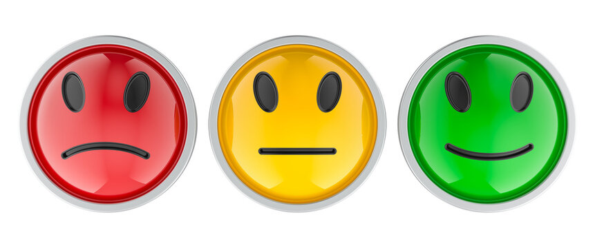 Customer satisfaction rating with red yellow and green smiley faces. 3D rendering