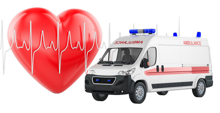 Ambulance with heart and ECG line for emergency cardiac care. 3D rendering