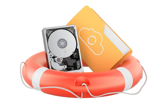 Data recovery concept, Lifebuoy with hard drive and cloud backup folder. 3D rendering
